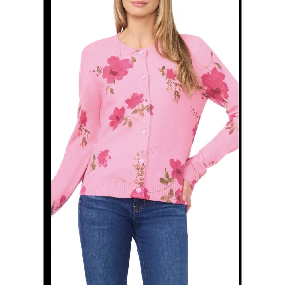 CeCe Pink Blossom Print Crewneck Cardigan Flower Buttons Cottagecore Boho Sz M